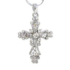 Whitegold plating crystal cross pendant necklace